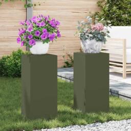 Berkfield Home Outdoor Plant Stands Pillar 2 pcs Olive Green 24x24x55 cm Steel - Size: 24 x 24 x 55 cm - thumbnail 2
