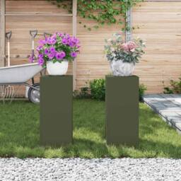 Berkfield Home Outdoor Plant Stands Pillar 2 pcs Olive Green 24x24x55 cm Steel - Size: 24 x 24 x 55 cm - thumbnail 4