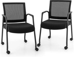 Gymax 2 PCS Office Guest Chairs on Wheels With Mesh Back Metal Frame & Armrests in Black