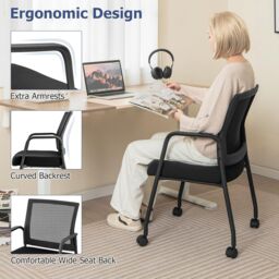 Gymax 2 PCS Office Guest Chairs on Wheels With Mesh Back Metal Frame & Armrests in Black - thumbnail 4