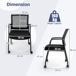 Gymax 2 PCS Office Guest Chairs on Wheels With Mesh Back Metal Frame & Armrests in Black - thumbnail 3