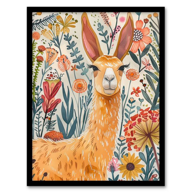 "Artery8 Lady Llama with Colourful Flowers Watercolour Framed Wall Art - Size: W12"" x H16""" - image 1