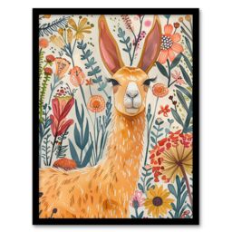 "Artery8 Lady Llama with Colourful Flowers Watercolour Framed Wall Art - Size: W12"" x H16""" - thumbnail 1