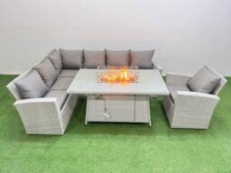 Fimous 7 Seat Rattan Garden Furniture Corner Sofa Set Outdoor Gas Fire Pit Table Sets with Armchair Light Grey - thumbnail 2