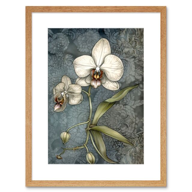 "Artery8 Wall Art Print Orchid Flower Blooms Pastel Colour Art Nouveau Artwork Framed 9X7 Inch in Beige - Size: W7"" x H9""" - image 1