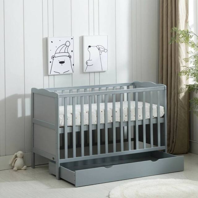 FLAVORA Grey Wooden Baby Cot Bed & Drawer & Aloe Vera Mattress - Size: 100 cm x 15 cm - image 1