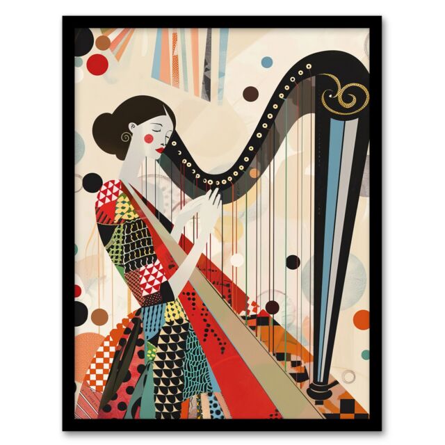 "Artery8 Harpist Playing Harp Music Colourful Geometric Framed Art Print - Size: W12"" x H16""" - image 1