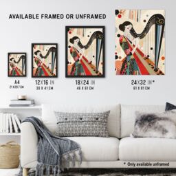 "Artery8 Harpist Playing Harp Music Colourful Geometric Framed Art Print - Size: W12"" x H16""" - thumbnail 3