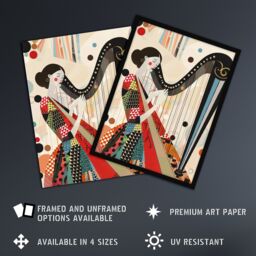 "Artery8 Harpist Playing Harp Music Colourful Geometric Framed Art Print - Size: W12"" x H16""" - thumbnail 2