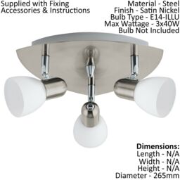Loops Flush 3 Spot Ceiling Light Satin Nickel Shade White Satin Glass Bulb E14 3x40W in Metallics - thumbnail 2