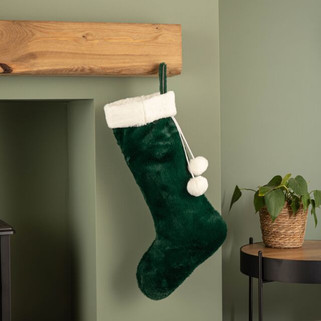 Samuel Alexander 60cm Green Christmas Stocking with White Cuff & Pom Poms - image 1