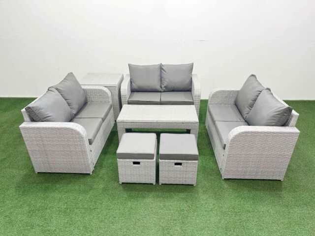 Fimous 8 Seater PE Wicker Rattan Furniture Sofa Sets with Oblong Coffee Table 2 Seater Love Sofa 2 Stool Side Table Light Grey - image 1
