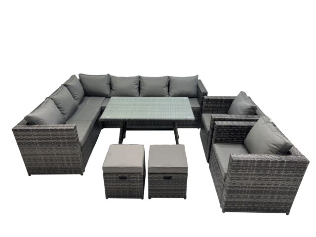 Fimous 10-seater Outdoor PE Rattan Sofa Set with with 2 Chair 2 Small Stools in Dark Grey