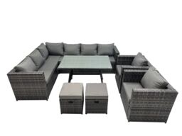 Fimous 10-seater Outdoor PE Rattan Sofa Set with with 2 Chair 2 Small Stools in Dark Grey - thumbnail 1