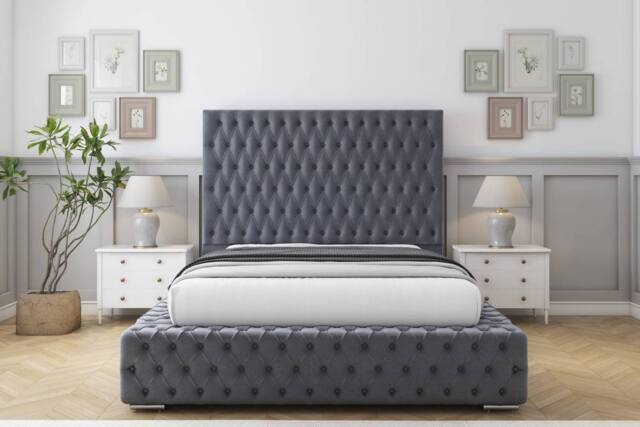 "Sloomy Ambassador Plush Bed Frame With 50"" Upholstered Headboard in Dark Grey - Size: Small Single" - image 1