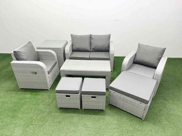 Fimous Light Grey PE Wicker Rattan Garden Furniture Set Sofa Set Reclining Adjustable Chair Oblong Coffee Table 7 Seater 3 Stools Side Table - image 1