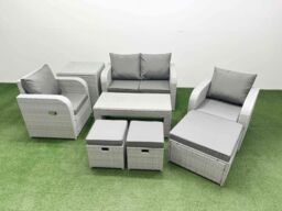 Fimous Light Grey PE Wicker Rattan Garden Furniture Set Sofa Set Reclining Adjustable Chair Oblong Coffee Table 7 Seater 3 Stools Side Table - thumbnail 1