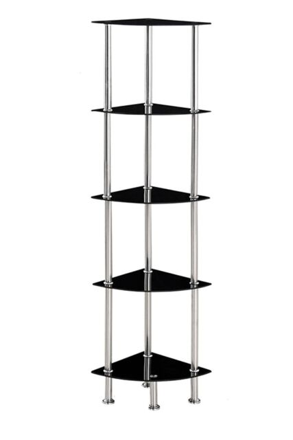 Modernique Corner Tempered Glass Tier Shelf Storage Unit with Chrome Stand in Black