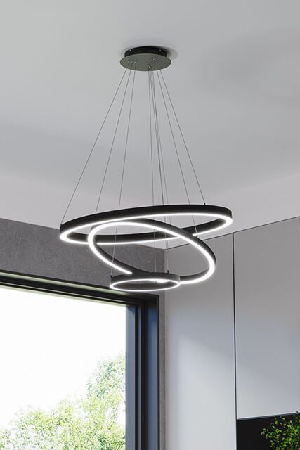 Living and Home 3 Ring LED Pendant Light Cool White Light in Black - image 1