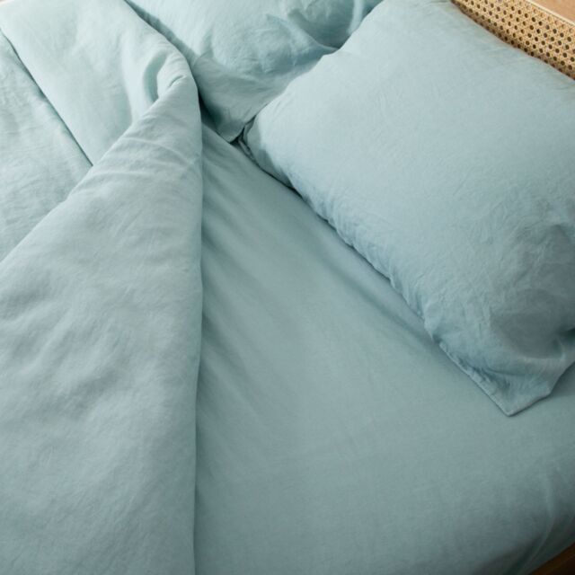 Native Natural Aqua Double 100% Linen Fitted Sheet (140x190cm) in Blue - Size: Double Fitted - image 1