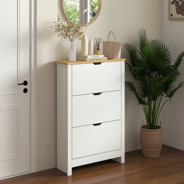 HOMCOM 18-Shoe Storage Cabinet 6 Shelves 3 Drawers Tabletop 4 Legs Modern White - image 1