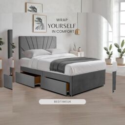 "Bed Time UK Plush Divan Bed with 20"" Sunrise Headboard, 2 Drawers & Mattress in Grey - Size: King" - thumbnail 4