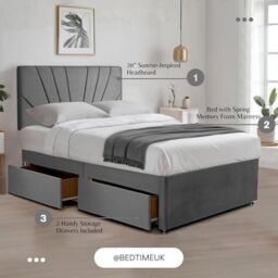 "Bed Time UK Plush Divan Bed with 20"" Sunrise Headboard, 2 Drawers & Mattress in Grey - Size: King" - thumbnail 2