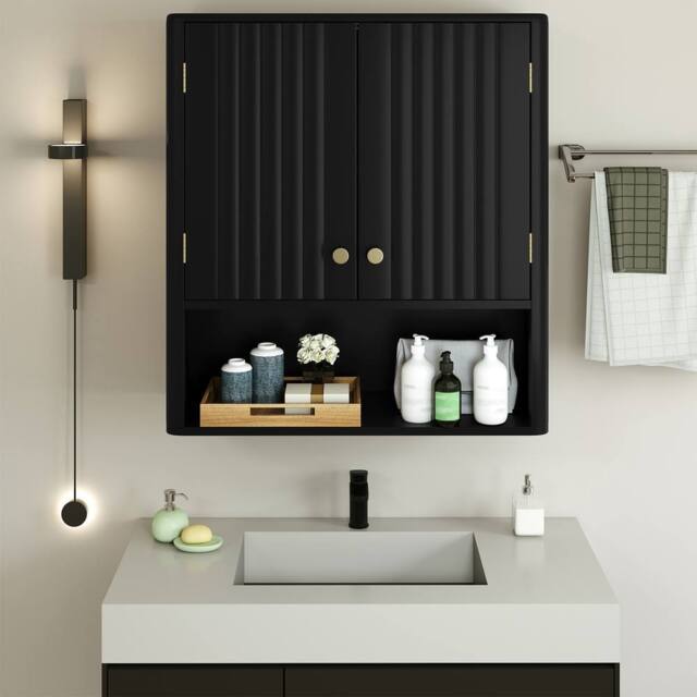 Costway Fluted Bathroom Wall Cabinet Modern Double Door Medicine Cabinet in Black - image 1