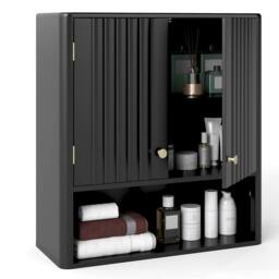 Costway Fluted Bathroom Wall Cabinet Modern Double Door Medicine Cabinet in Black - thumbnail 3