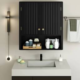 Costway Fluted Bathroom Wall Cabinet Modern Double Door Medicine Cabinet in Black - thumbnail 1