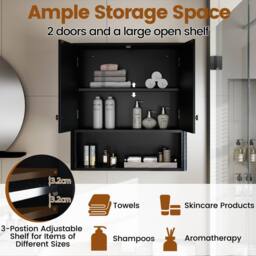 Costway Fluted Bathroom Wall Cabinet Modern Double Door Medicine Cabinet in Black - thumbnail 7