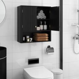 Costway Fluted Bathroom Wall Cabinet Modern Double Door Medicine Cabinet in Black - thumbnail 4