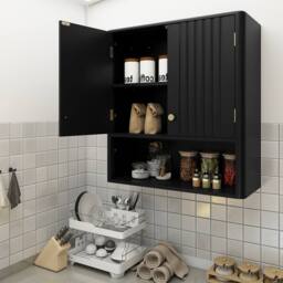 Costway Fluted Bathroom Wall Cabinet Modern Double Door Medicine Cabinet in Black - thumbnail 5