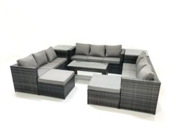 Fimous Outdoor Garden Furniture Set 8 Pieces Rattan Sofa Set with Coffee Table 2 Big Footstools Side Table Dark Grey Mixed - thumbnail 1