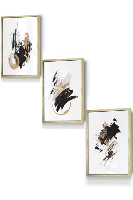 ARTZE Set of 3 Gold Framed Abstract Black Ivory & Gold Oil Strokes Wall Art - Size: W45 cm x H62 cm x D20mm - image 1