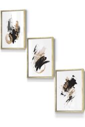 ARTZE Set of 3 Gold Framed Abstract Black Ivory & Gold Oil Strokes Wall Art - Size: W45 cm x H62 cm x D20mm - thumbnail 1