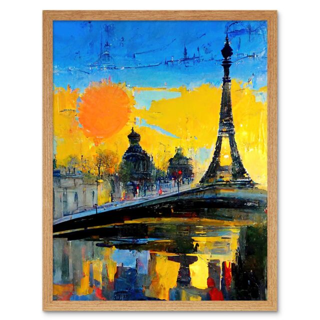 "Artery8 Wall Art Print Modern Bright Abstract Paris At Sunrise Cityscape Eiffel Tower Art Framed in Light Oak - Size: W12"" x H16""" - image 1