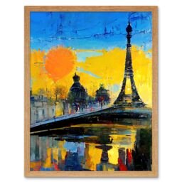"Artery8 Wall Art Print Modern Bright Abstract Paris At Sunrise Cityscape Eiffel Tower Art Framed in Light Oak - Size: W12"" x H16""" - thumbnail 1