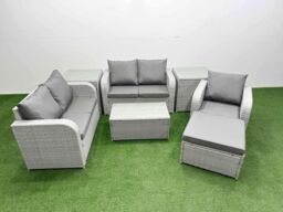 Fimous High Back Poly Rattan Garden Furniture Set w/ Reclining Chair Loveseat Sofa Rectangular Coffee Table Indoor Outdoor Patio Set Big Stool 2 Side - thumbnail 1