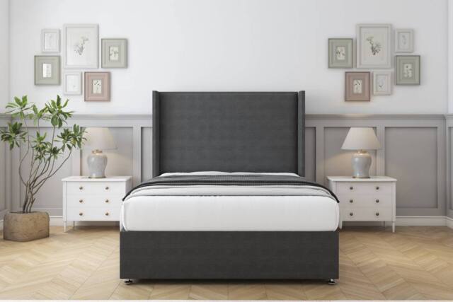 "Comfort Beds Madrid Dumfries Divan Set 2 Drawers-54"" Wingback in Dark Grey - Size: Super King" - image 1