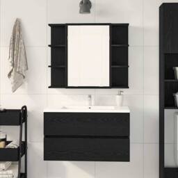 Berkfield Home Mirror Cabinet Black Oak Solid Oak Wood Compact Bathroom Vanity - thumbnail 4