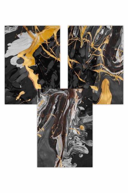 ARTZE Set of 3 Abstract Black & Yellow Fluid Splatters Art Posters - Size: W42 cm x H59 cm - image 1