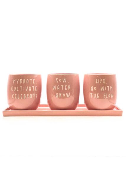 Upper Street Set of 3 Pink Slogan Ceramic Planters with Tray - Size: Medium - image 1