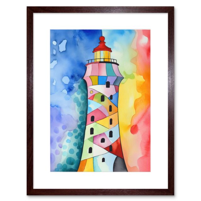 "Artery8 Wall Art Print Lighthouse Concept With Rainbow Colour Sky Folk Art Watercolour Painting Artwork Framed 9X7 Inch in Brown - Size: W7"" x H9""" - image 1