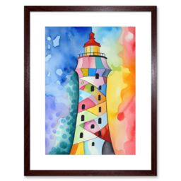 "Artery8 Wall Art Print Lighthouse Concept With Rainbow Colour Sky Folk Art Watercolour Painting Artwork Framed 9X7 Inch in Brown - Size: W7"" x H9""" - thumbnail 1