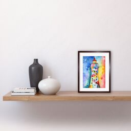 "Artery8 Wall Art Print Lighthouse Concept With Rainbow Colour Sky Folk Art Watercolour Painting Artwork Framed 9X7 Inch in Brown - Size: W7"" x H9""" - thumbnail 2