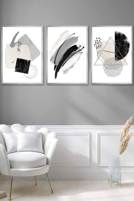 ARTZE Abstract Black Grey Ivory Watercolour Shapes Framed Wall Art - Large in Metallic Silver - Size: W53 cm x H73 cm x D20mm - image 1
