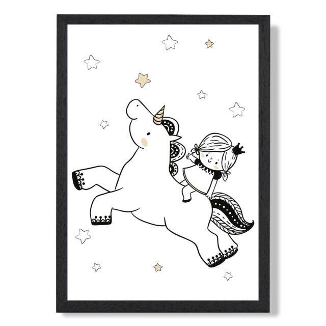 ARTZE Scandi Princess Little & Unicorn Framed Print SIZE: A3 with Black Frame - Size: A4 - image 1