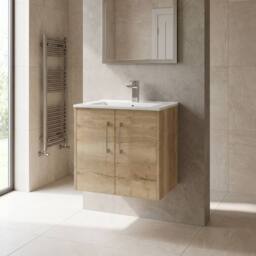 Balterley Winshill 2 Door Wall Hung Vanity Basin Unit, Light Oak, 600mm in Brown - thumbnail 2