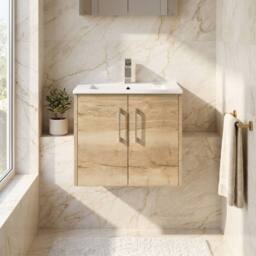 Balterley Winshill 2 Door Wall Hung Vanity Basin Unit, Light Oak, 600mm in Brown - thumbnail 4
